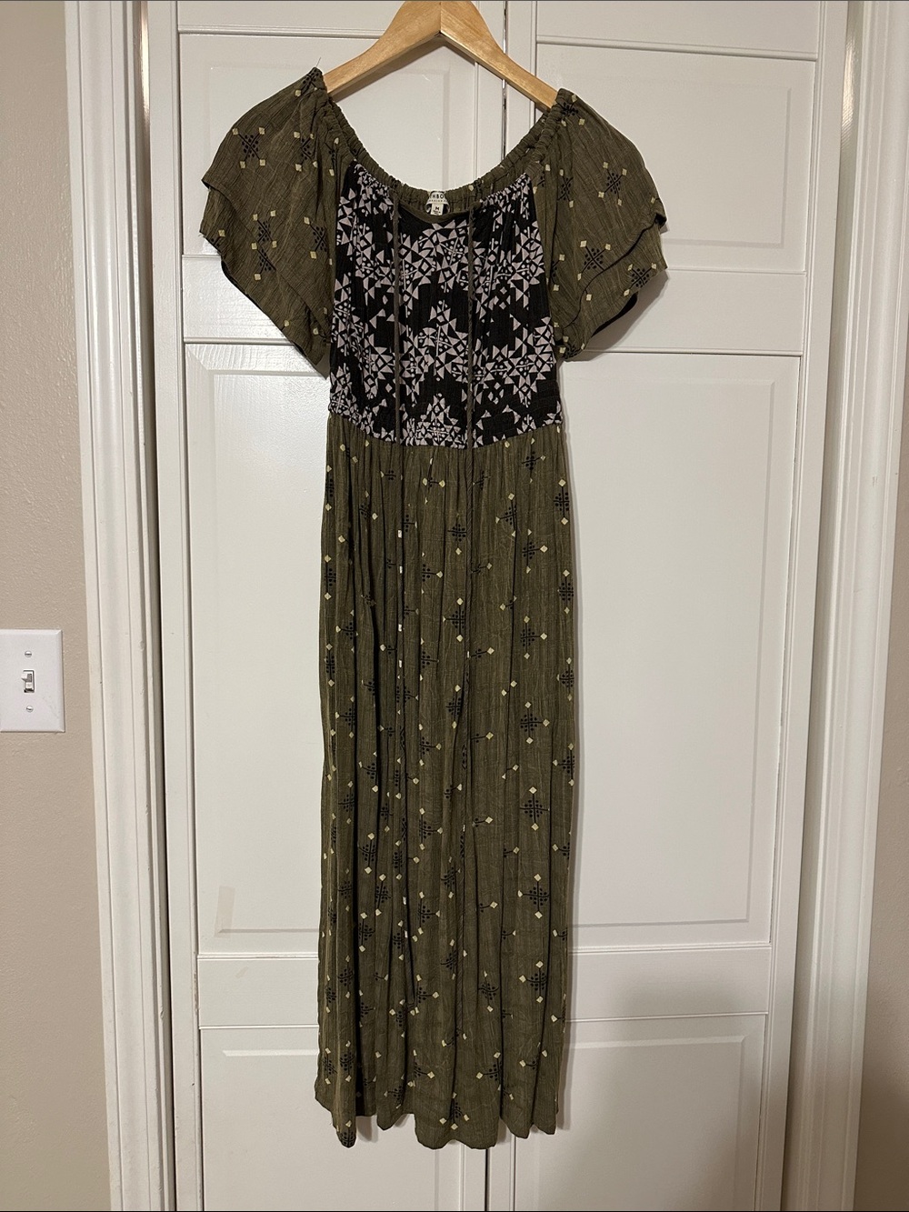EARTHBOUND Olive Midi Dress with Black Printed Bodice w/ pockets!